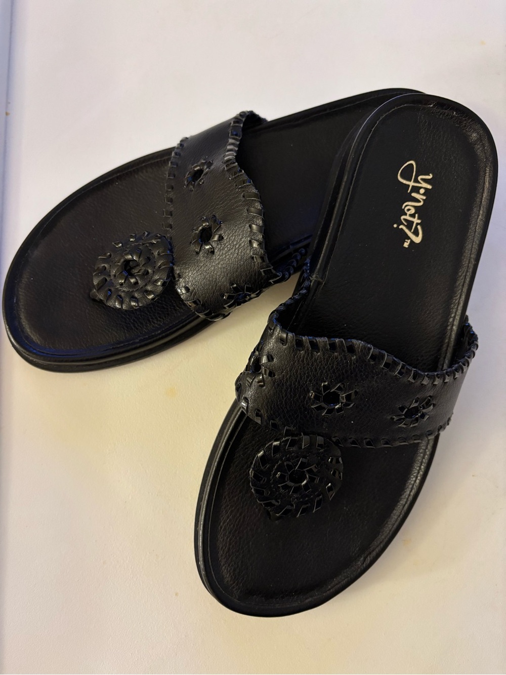 Black Leather Slide Sandals with Cutout Rosette Detail Size 9